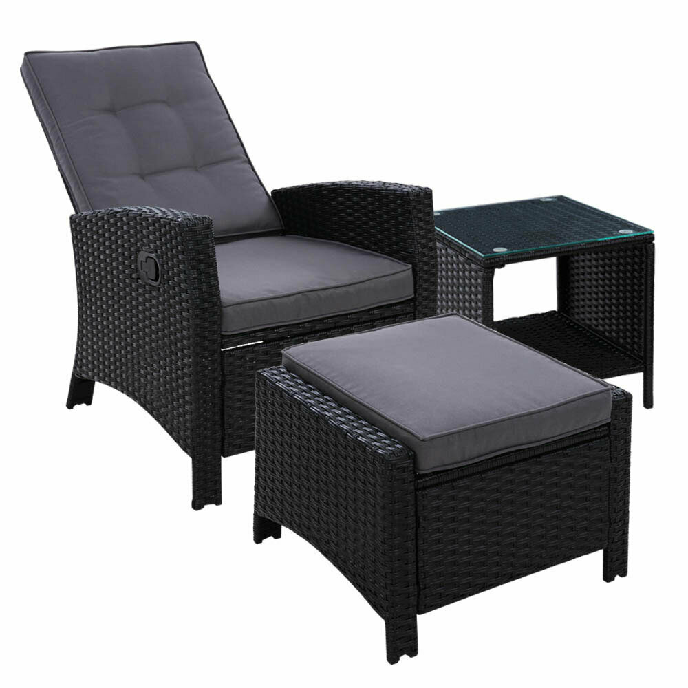 Outdoor Setting Recliner Chair Table Set Wicker lounge Patio Furniture Black