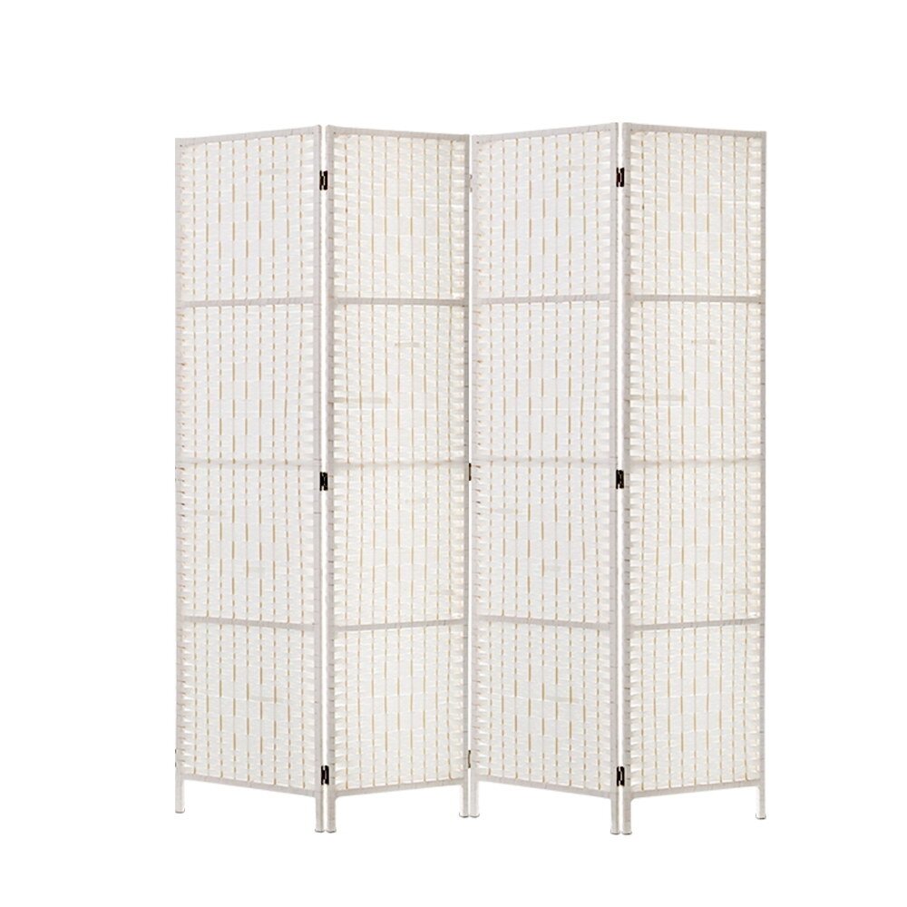 New 4 Panels Room Divider Screen Privacy Rattan Timber Fold Woven Stand White
