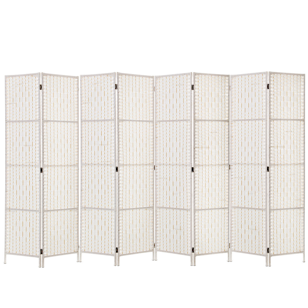 New 8 Panels Room Divider Screen Privacy Rattan Timber Fold Woven Stand White