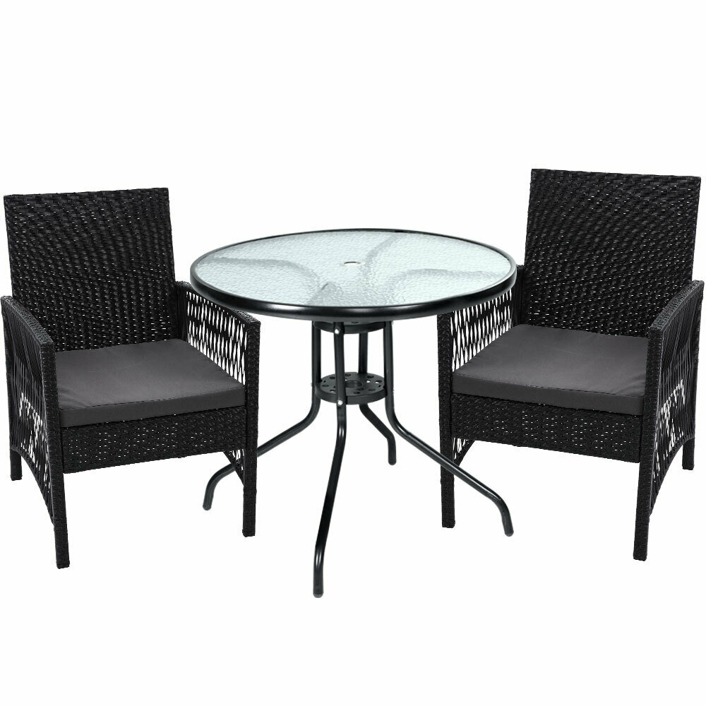 Outdoor Furniture Dining Chairs Wicker Garden Patio Cushion Black 3PCS Tea Coffee Cafe Bar Set