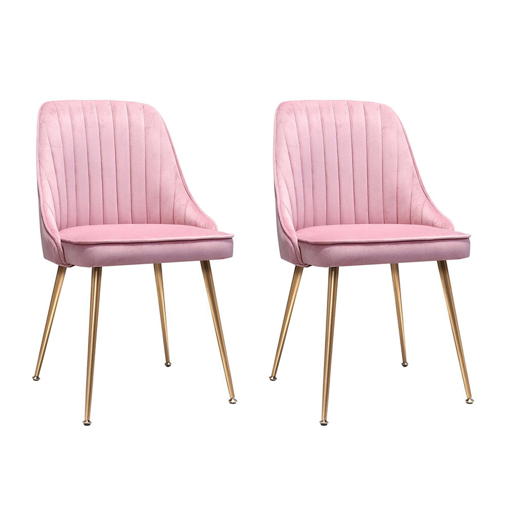 New Set of 2 Dining Chairs Retro Chair Cafe Kitchen Modern Iron Legs Velvet Pink