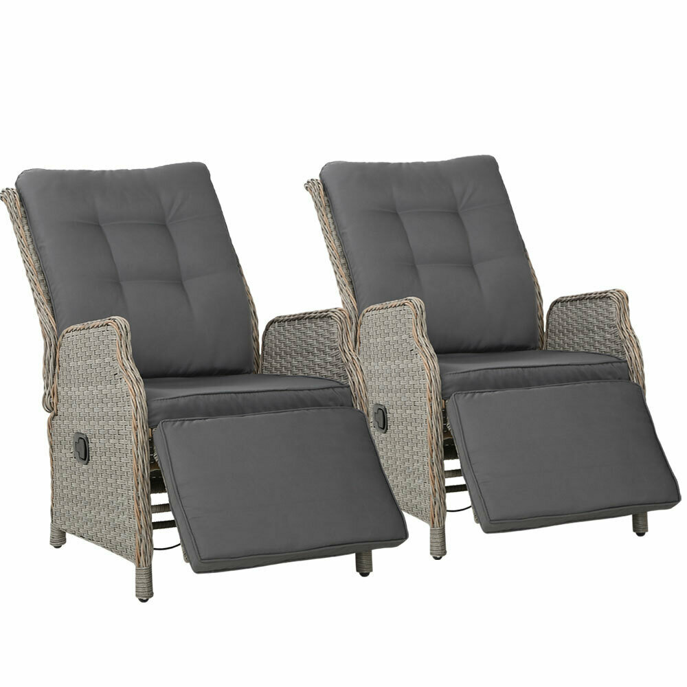 Set of 2 Recliner Chairs Sun lounge Outdoor Furniture Setting Patio Wicker Sofa Grey