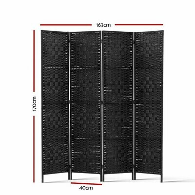 New 4 Panel Room Divider Privacy Screen Rattan Woven Wood Stand Black