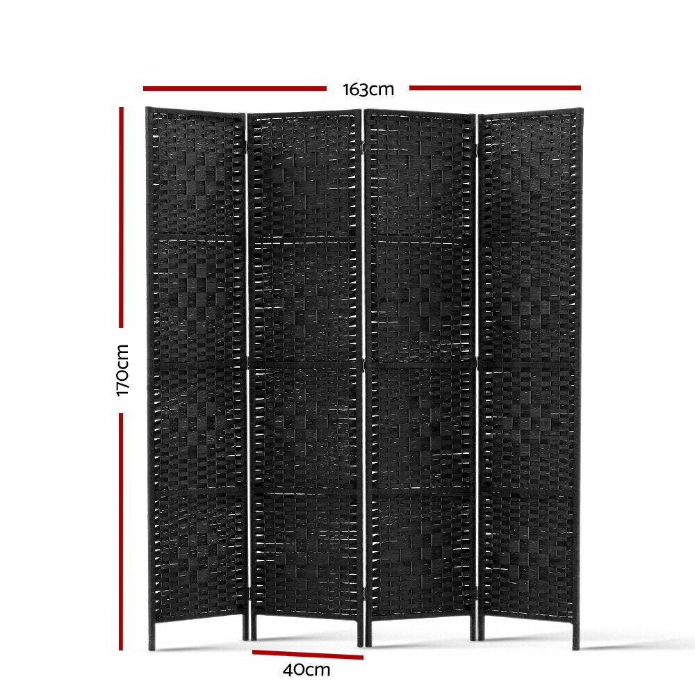 New 4 Panel Room Divider Privacy Screen Rattan Woven Wood Stand Black