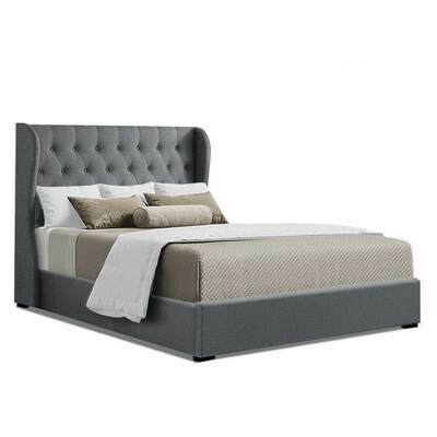 New Queen Size Gas Lift Bed Frame Base With Storage Mattress Grey Fabric Wooden