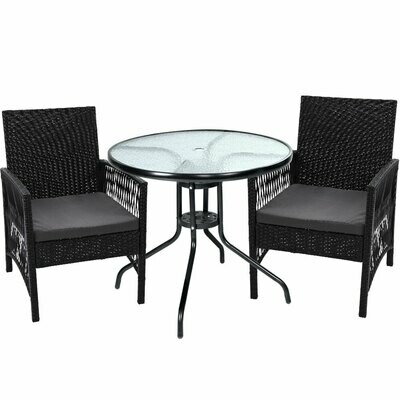 Outdoor Furniture Dining Chairs Wicker Garden Patio Cushion Black 3PCS Tea Coffee Cafe Bar Set