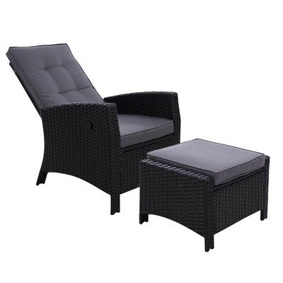 Sun lounge Recliner Chair Wicker Lounger Sofa Day Bed Outdoor Furniture Patio Garden Cushion Ottoman Black Gardeon