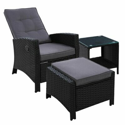 Outdoor Setting Recliner Chair Table Set Wicker lounge Patio Furniture Black
