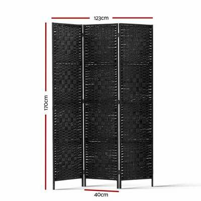 New 3 Panel Room Divider Privacy Screen Rattan Woven Wood Stand Black