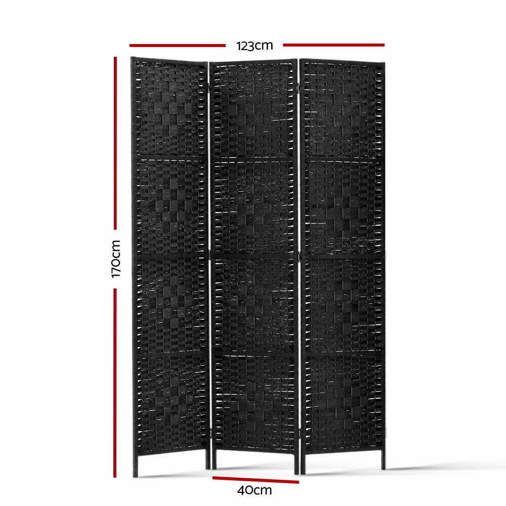 New 3 Panel Room Divider Privacy Screen Rattan Woven Wood Stand Black