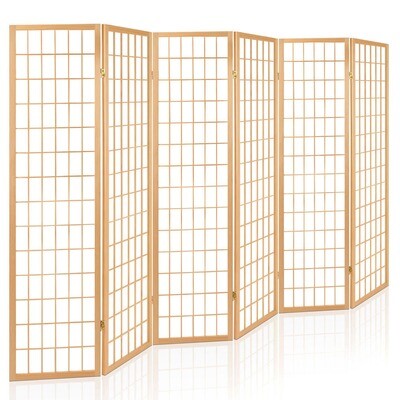 New 6 Panel Room Divider Privacy Screen Foldable Pine Wood Stand Natural