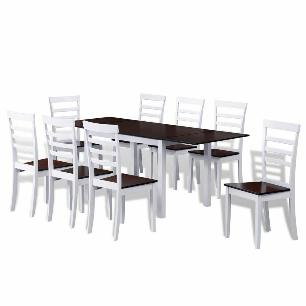 Brown White Solid Wood Extending Dining Table Set with 8 Chairs