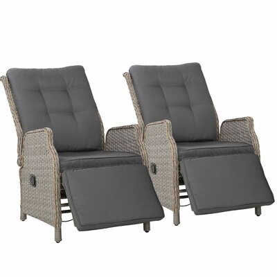 Set of 2 Recliner Chairs Sun lounge Outdoor Furniture Setting Patio Wicker Sofa Grey