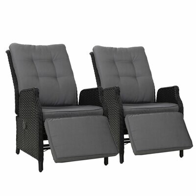 Set of 2 Recliner Chairs Sun lounge Outdoor Furniture Setting Patio Wicker Sofa Black