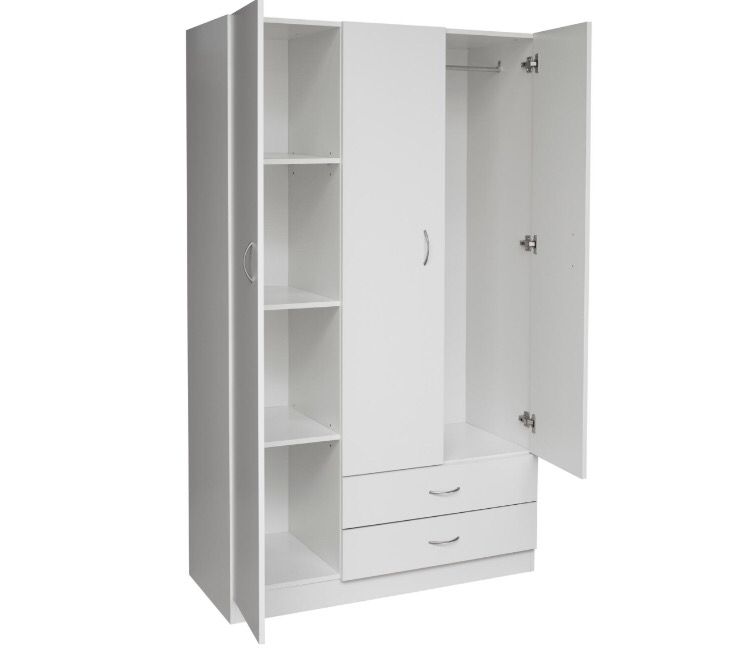 New White 3 Door Wardrobe with 2 Drawers Storage Cupboard