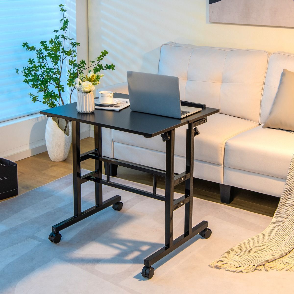 Mobile Stand up Computer Desk with 2 Tilting Desktops for Office Walnut