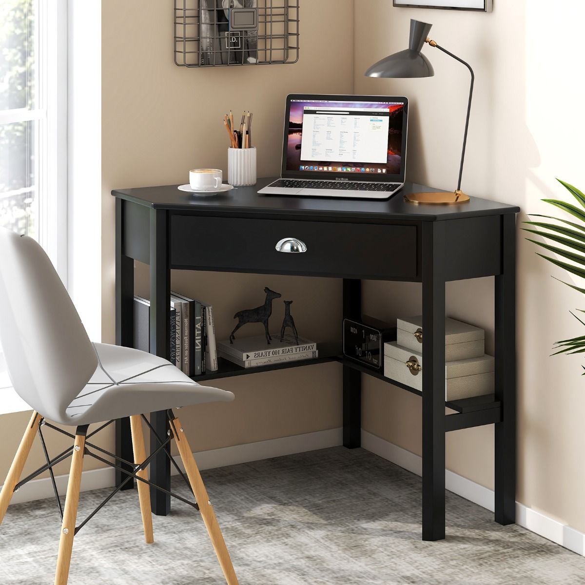 Corner Computer Desk with Drawer & Shelves for Office-Black
