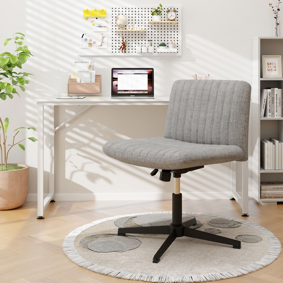 Criss Cross Legged Chair No Wheels with Wide Padded Seat and Adjustable Height-Grey
