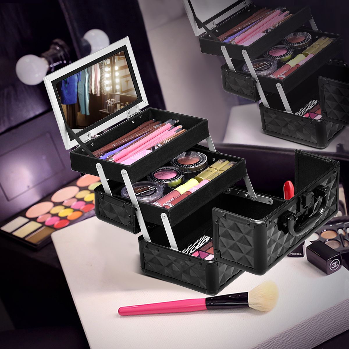 Cosmetic Beauty Case Portable Lockable Makeup Jewelry Organizer-Black