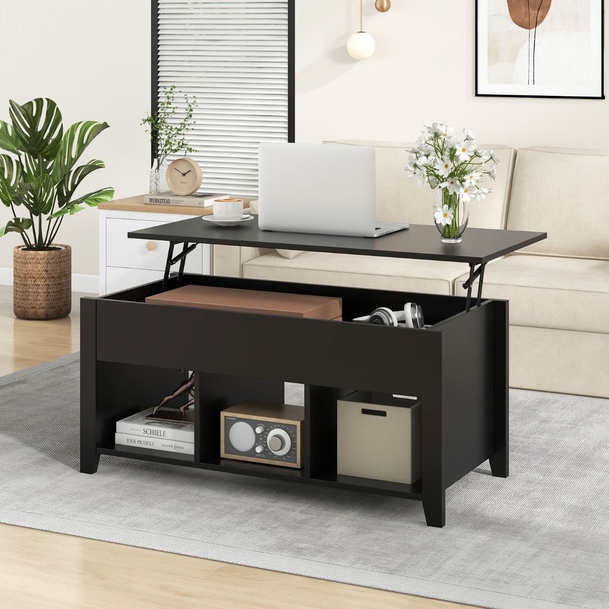 Lift Up Coffee Table with Lift Top and Hidden Compartment-Black
