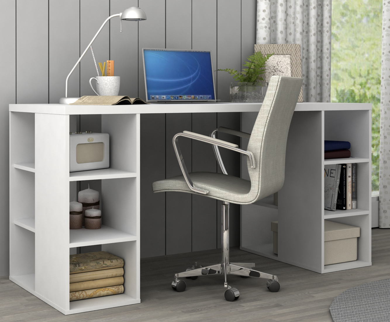 Computer Study Office Desk with Storage Shelves White
