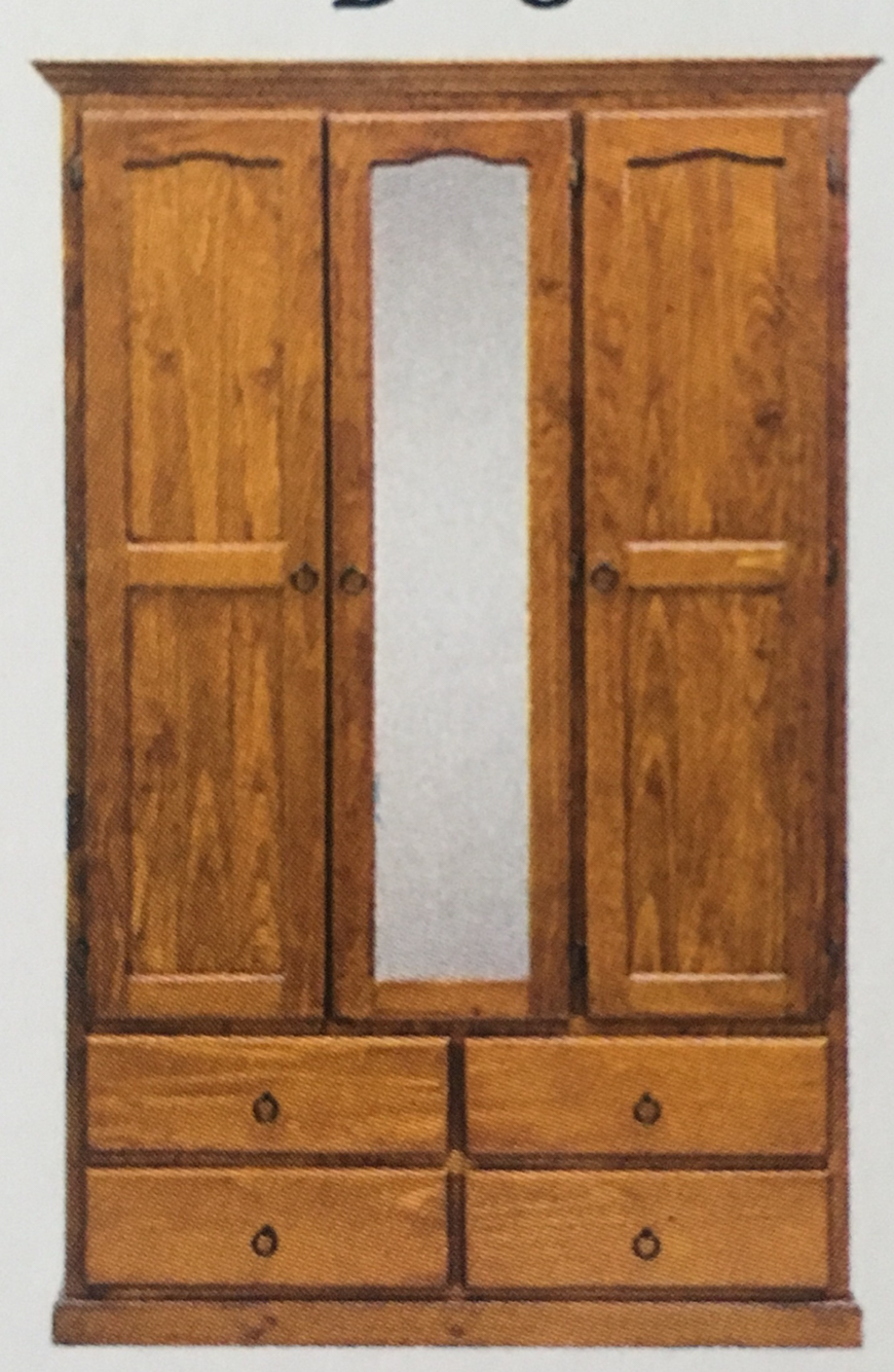 Solid Pine Wardrobe- 3 Door Mirror 4 Drawer Combo