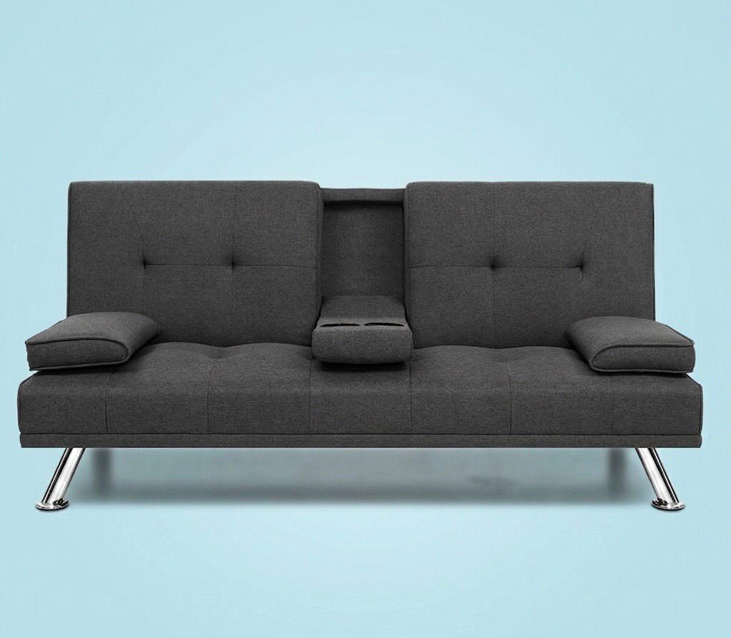 New Linen Fabric 3 Seater Sofa Bed Recliner Lounge Couch Cup Holder Futon Dark Grey