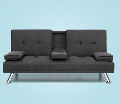 New Linen Fabric 3 Seater Sofa Bed Recliner Lounge Couch Cup Holder Futon Dark Grey