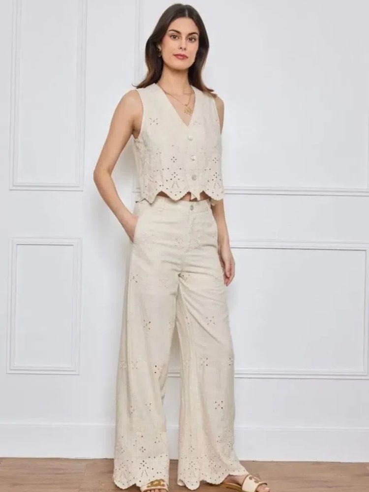 Pantalon brodé en lin