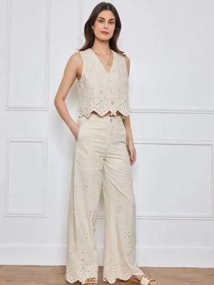 Pantalon brodé en lin