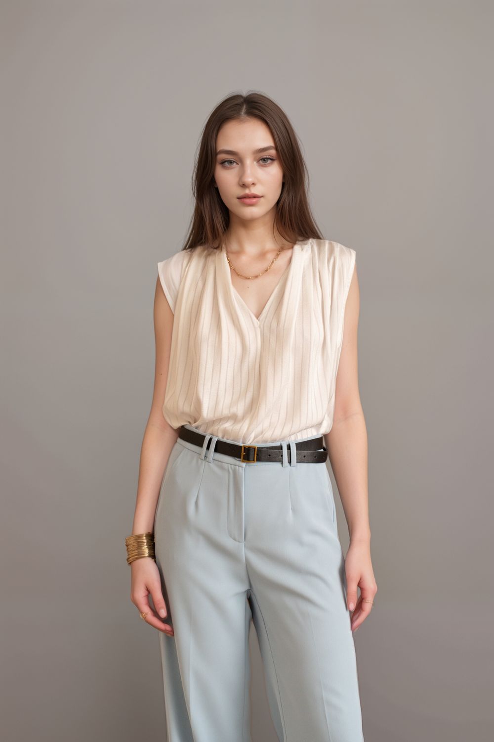 Top drapé beige col V