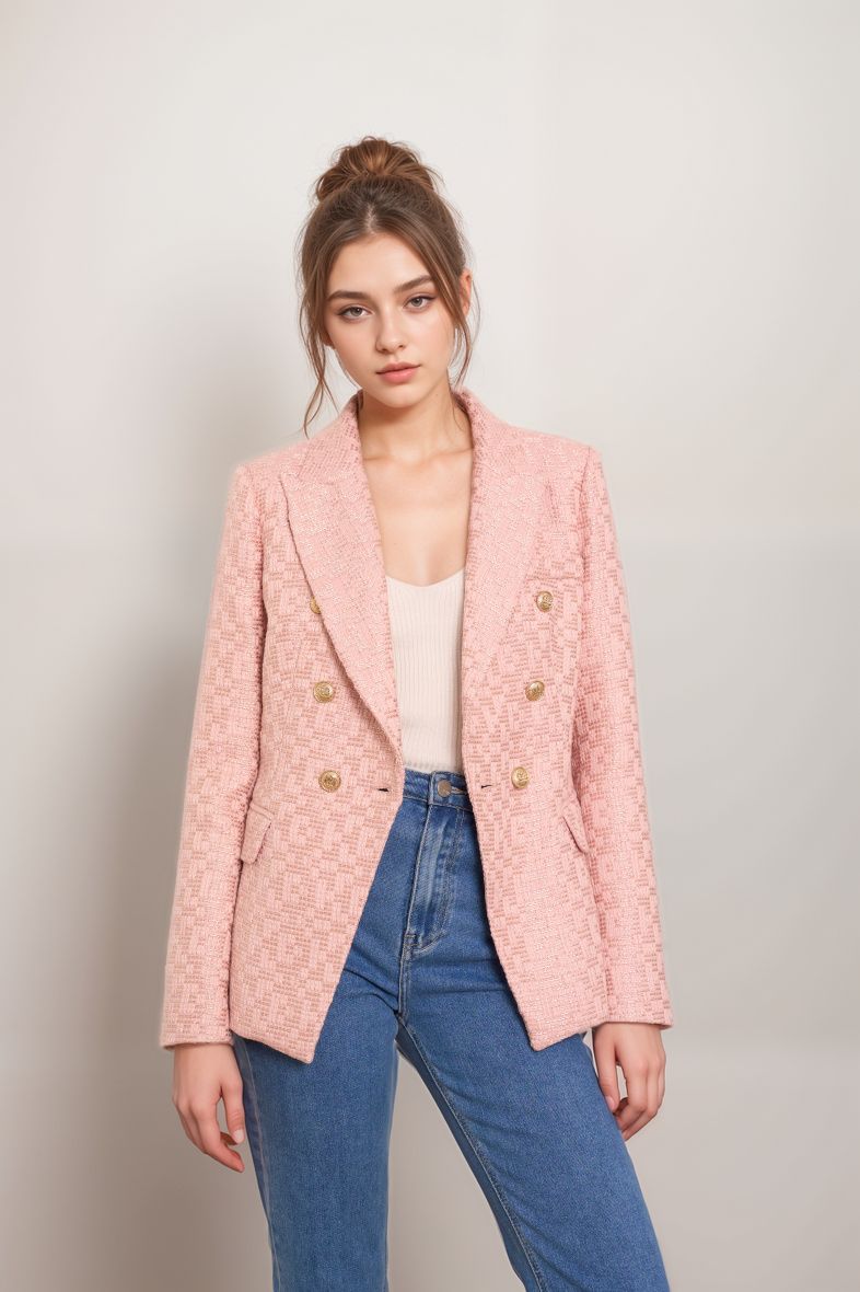 Veste blazer cintrée tweed avec boutonnage croisé