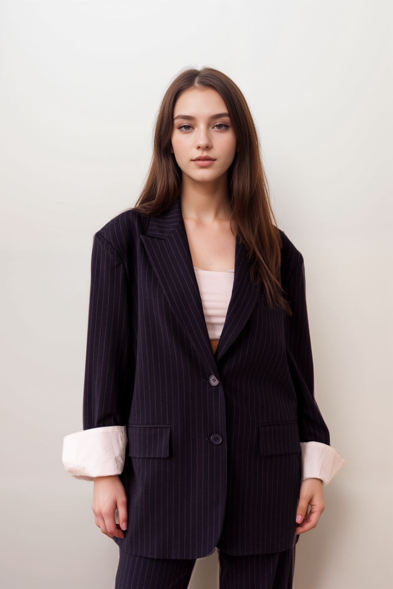 Veste blazer oversize à rayure fines et revers manche blanc