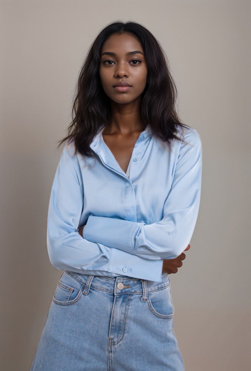 Chemise bleue en satin avec col à revers