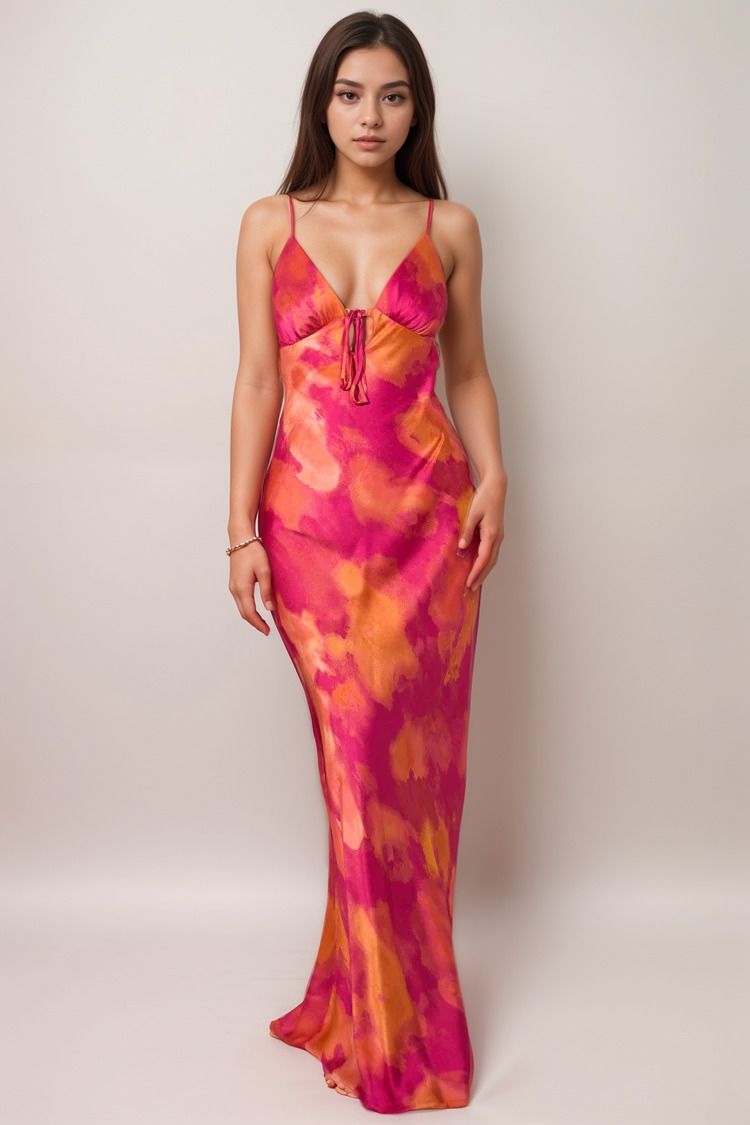 Robe longue dos nu fuchsia pour femme avec imprimé aquarelle orange et rose – tenue estivale bohème chic vue de face