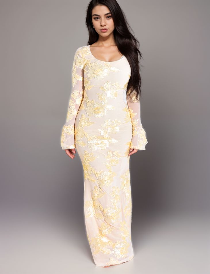 Robe longue nude à broderies Florales Jaunes