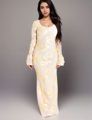 Robe longue nude à broderies Florales Jaunes