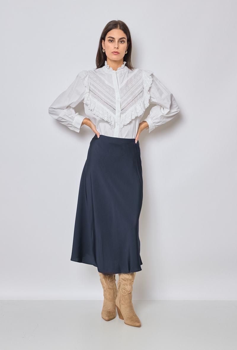 Jupe midi fluide bleu marine taille haute