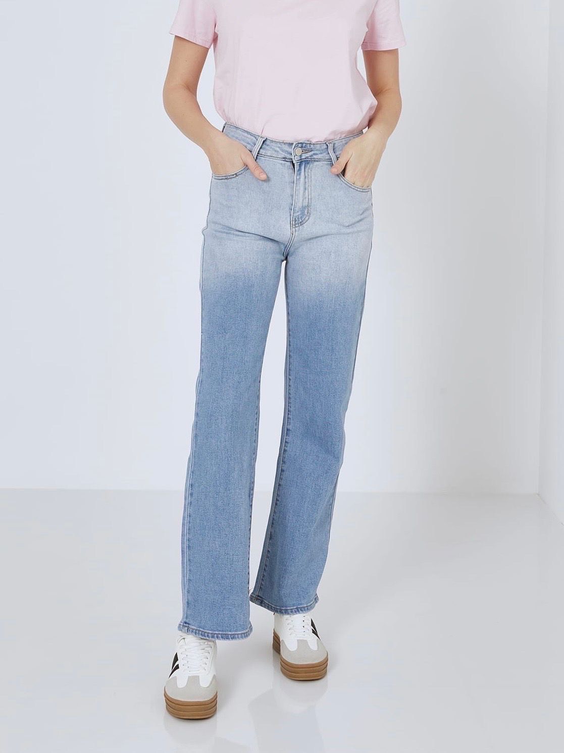 Jean droit délavé taille haute tendance