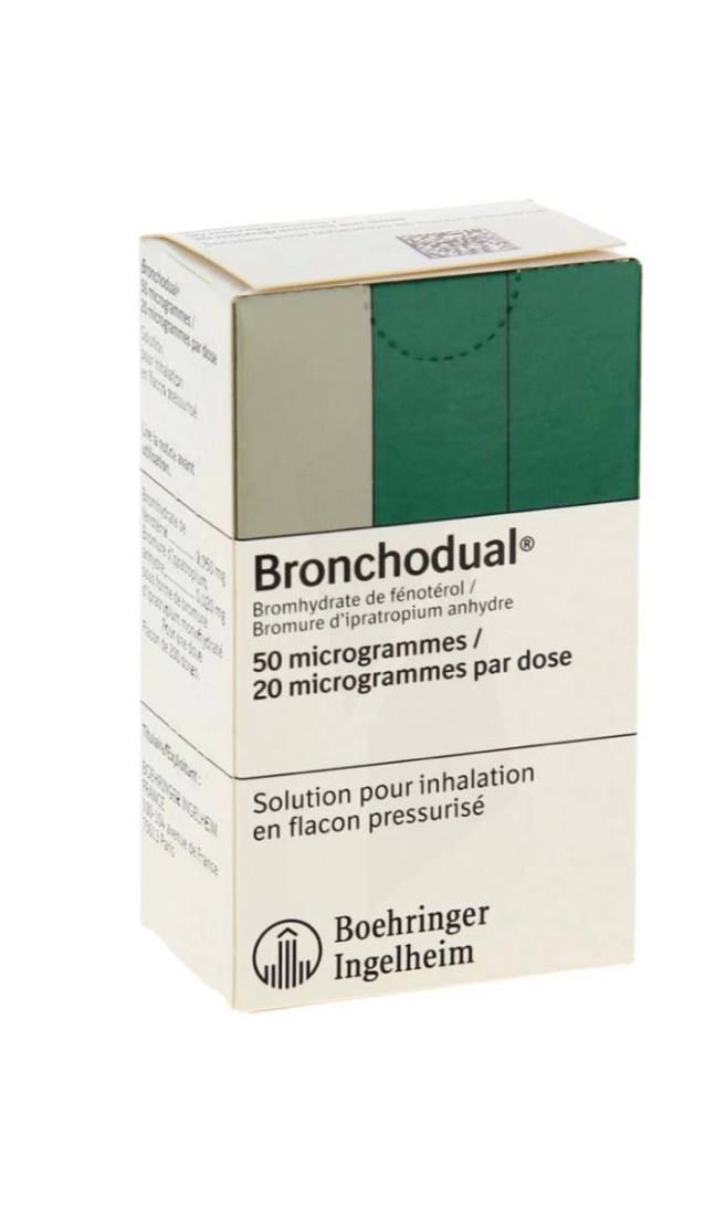Bronchodual (Fenoterol + Ipratropium bromide) 50/20 mcg per dose inhaler by Boehringer Ingelheim — product pack