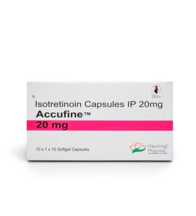 Accufine (Isotretinoin) 20 mg, 100 softgel capsules by Healing Pharma — product pack