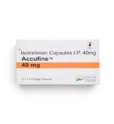 Accufine (Isotretinoin) 40 mg 100 capsules Accufine (Isotretinoin) 40 mg, 100 softgel capsules by Healing Pharma — product pack