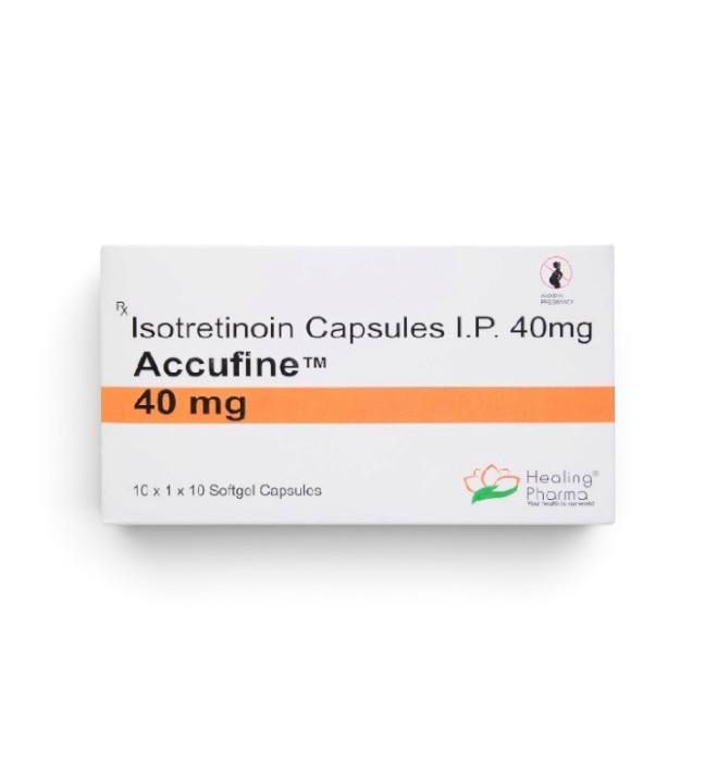 Accufine (Isotretinoin) 40 mg, 100 softgel capsules by Healing Pharma — product pack