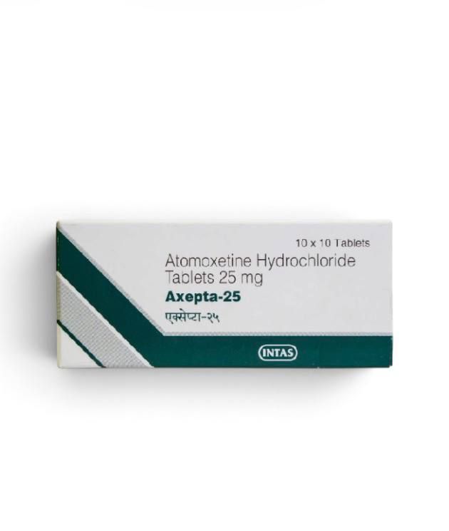 Axepta-25 (Atomoxetine Hydrochloride) 25 mg, 100 tablets by Intas — product pack