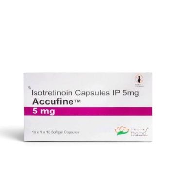 Accufine (Isotretinoin) 5 mg 100 capsules Accufine (Isotretinoin) 5 mg, 100 softgel capsules by Healing Pharma — product pack