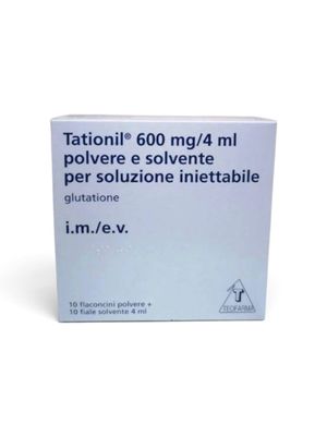 Tationil (Glutathione) 600 mg/4 ml injectable powder and solvent by Teofarma — product pack