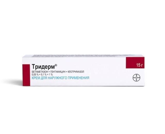 Triderm (Betamethasone + Gentamicin + Clotrimazole) 0.05% + 0.1% + 1% 15 g cream by Bayer — product pack