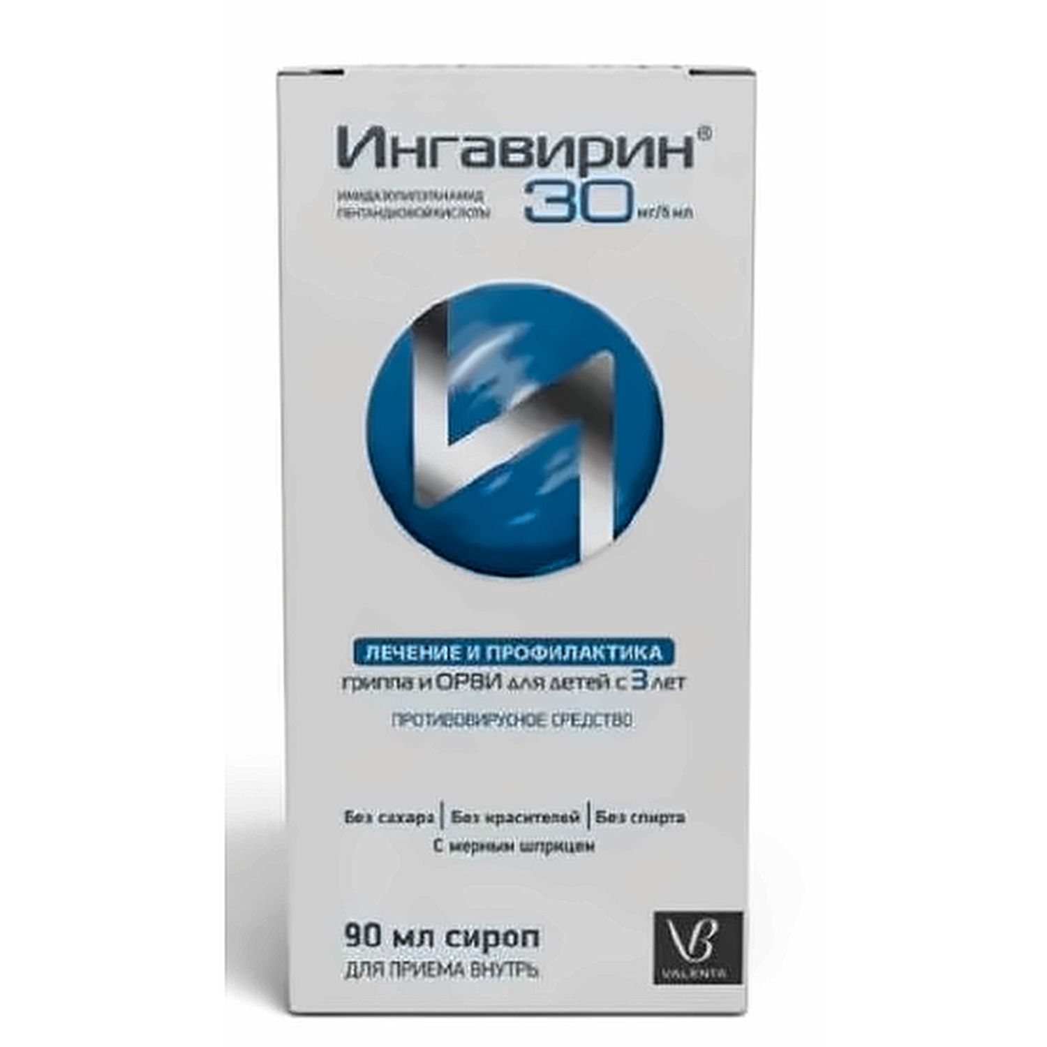 Ingavirin (Imidazolylethanamide pentanedioic acid) 30 mg/5 ml syrup 90 ml by Valenta Pharm — product pack