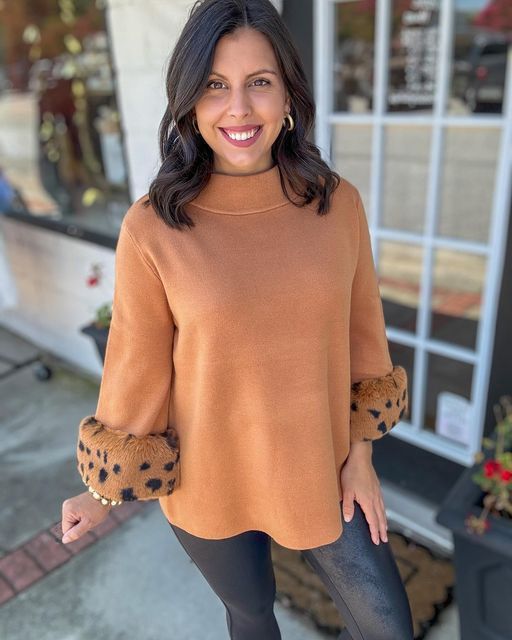 On the List, Camel Fur Trimmed Sleeve w Mock Neck