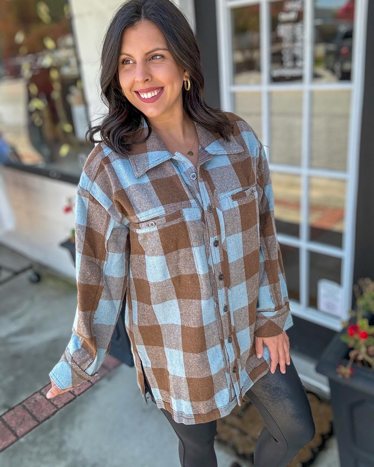 Ice Coffee Checker Print Button Down Shacket